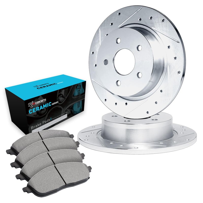 R1 Concepts Rear Brake Kit For 2002-2022 Nissan Altima; 2011-2017 Nissan Juke; 2004-2008 Nissan Maxima; 2007-2019 Nissan Sentra| Drilled Slotted Brake Rotors| Ceramic Brake Pads and Rotors Kit - Image 1
